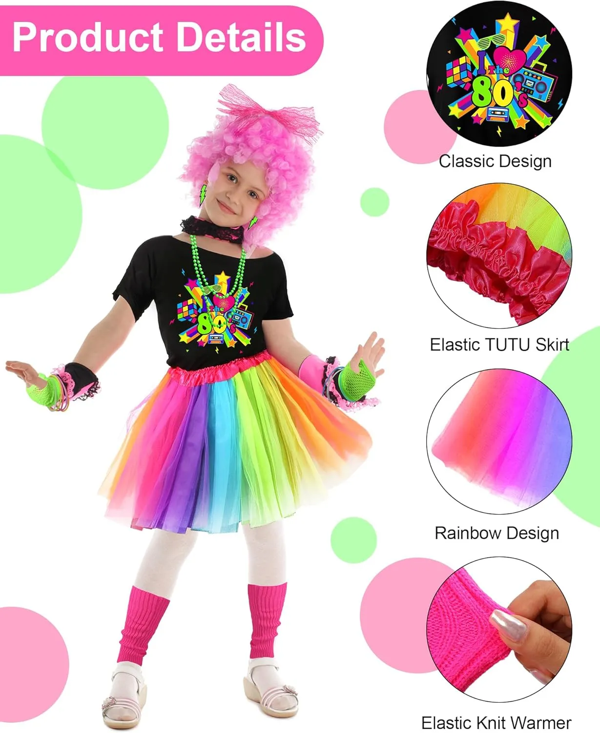 Blulu Women's 80s Costume Accessories Set T-shirt Colorful Tutu Headband Earring Necklace Leg Warmers for Kids