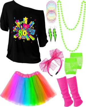 Blulu Women's 80s Costume Accessories Set T-shirt Colorful Tutu Headband Earring Necklace Leg Warmers for Kids