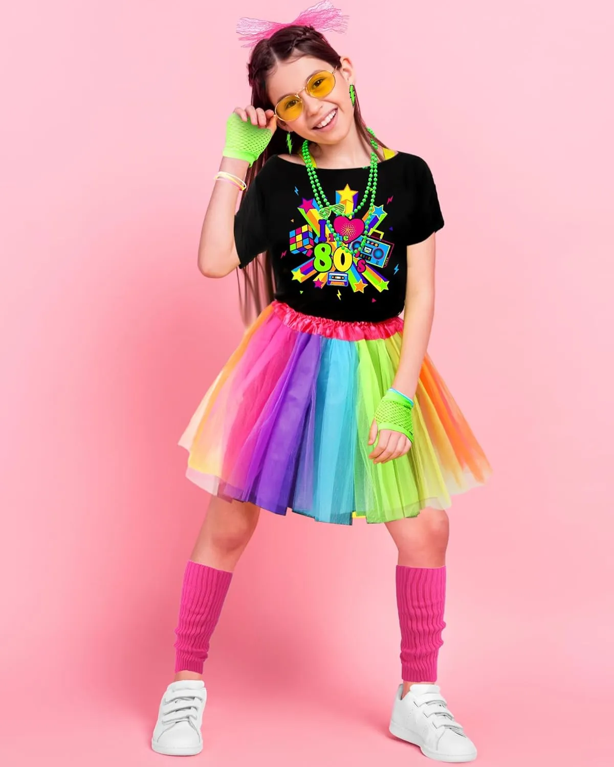 Blulu Women's 80s Costume Accessories Set T-shirt Colorful Tutu Headband Earring Necklace Leg Warmers for Kids