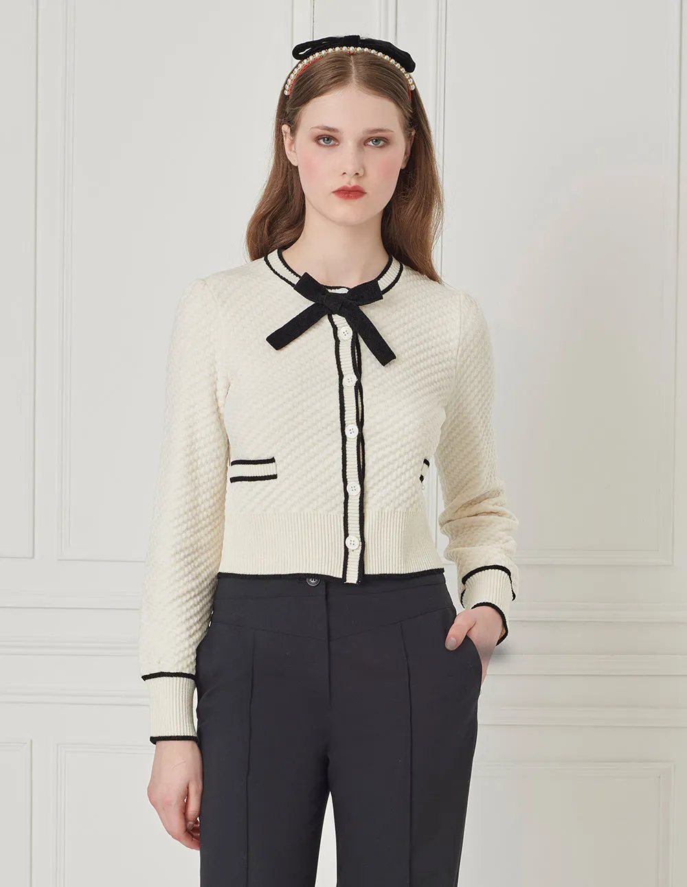 BORA AKSU Bow Round Neck Black Striped Knitted Cropped Cardigan