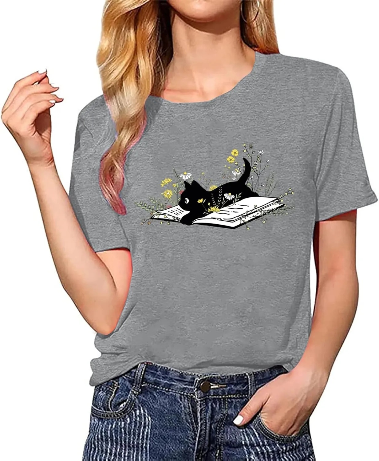 Cat Book T Shirt for Women Funny Summer Short Sleeve Tops Print Graphic Tees
