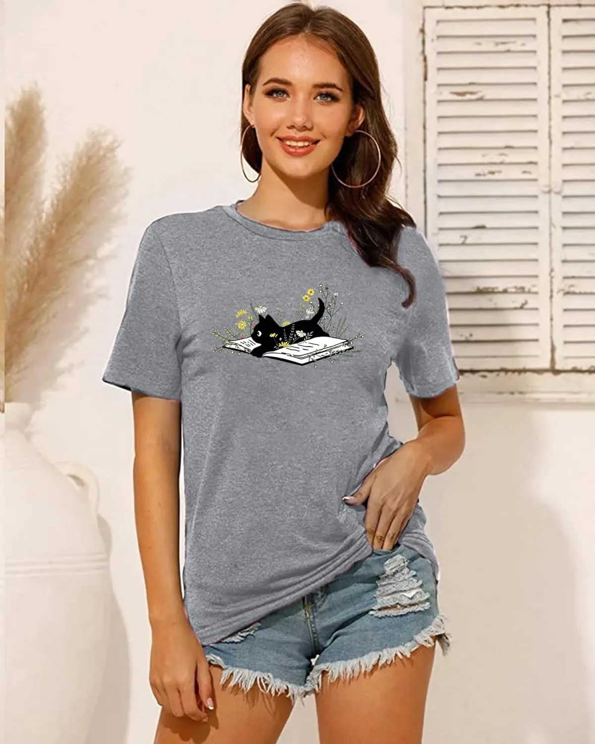Cat Book T Shirt for Women Funny Summer Short Sleeve Tops Print Graphic Tees