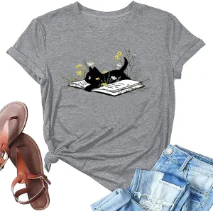 Cat Book T Shirt for Women Funny Summer Short Sleeve Tops Print Graphic Tees