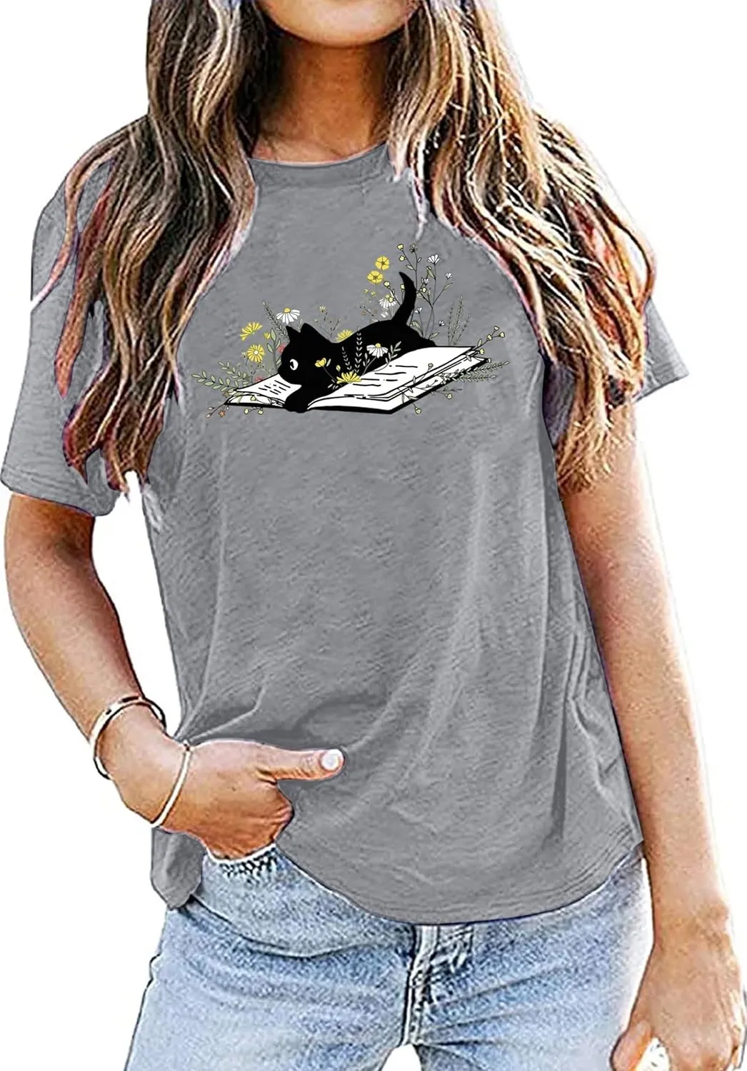 Cat Book T Shirt for Women Funny Summer Short Sleeve Tops Print Graphic Tees