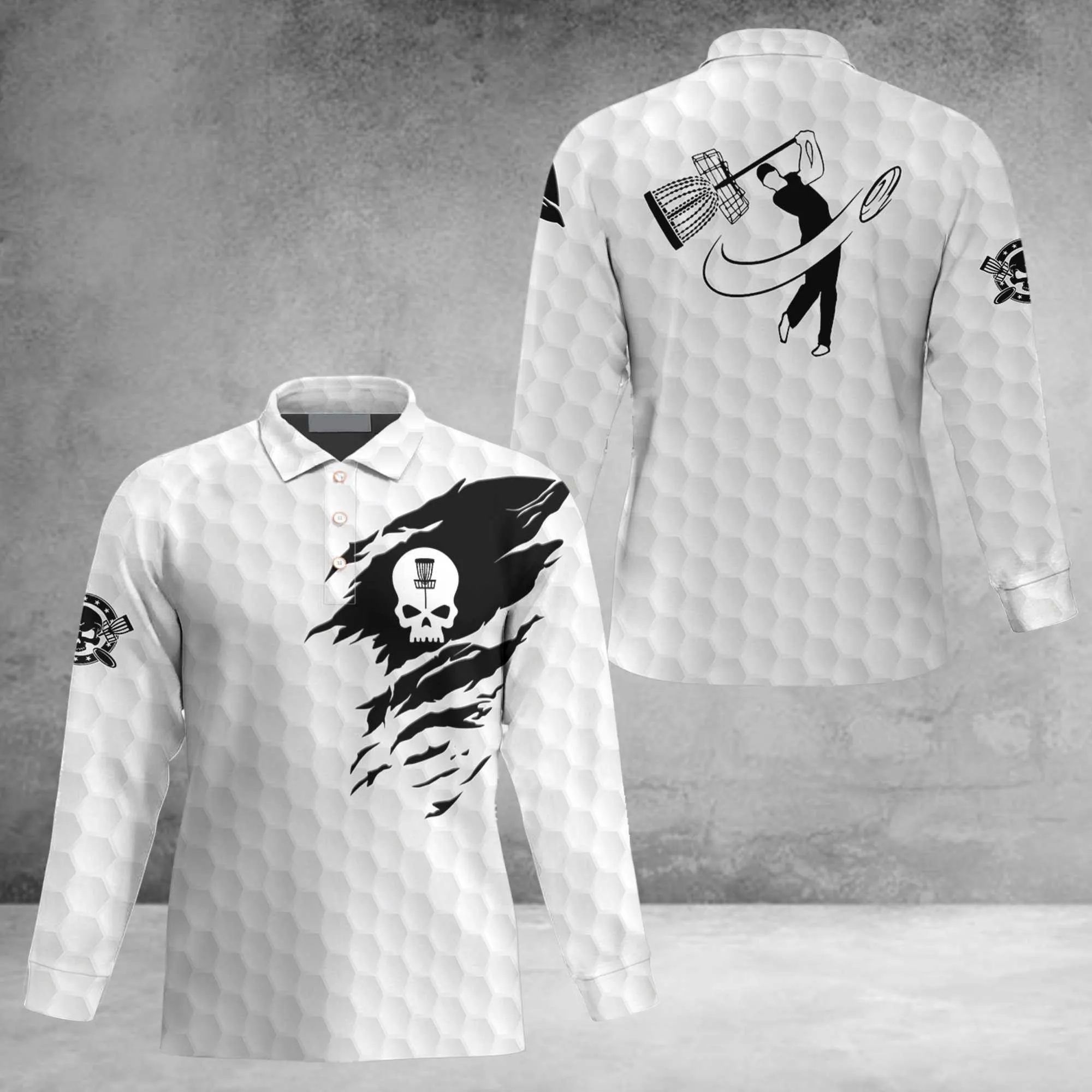 Disc Golf Skull Men's Long Sleeve Polo Shirt, Black And White Skull Disc Golf Shirt, Disc Golf Long Sleeve Shirt