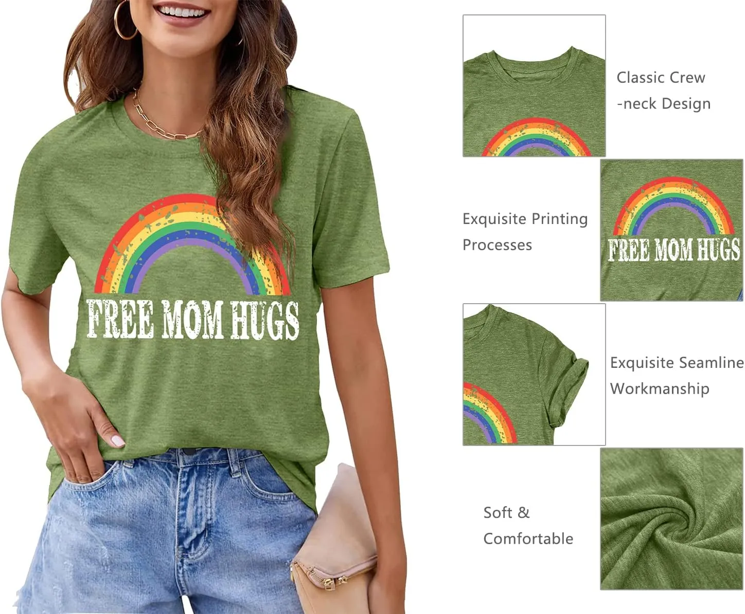 hohololo Pride Shirts Women Rainbows Graphic Tees Shirts Free Mom Hugs T-Shirt LGBTQ Short Sleeve Tops
