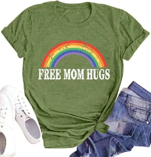 hohololo Pride Shirts Women Rainbows Graphic Tees Shirts Free Mom Hugs T-Shirt LGBTQ Short Sleeve Tops