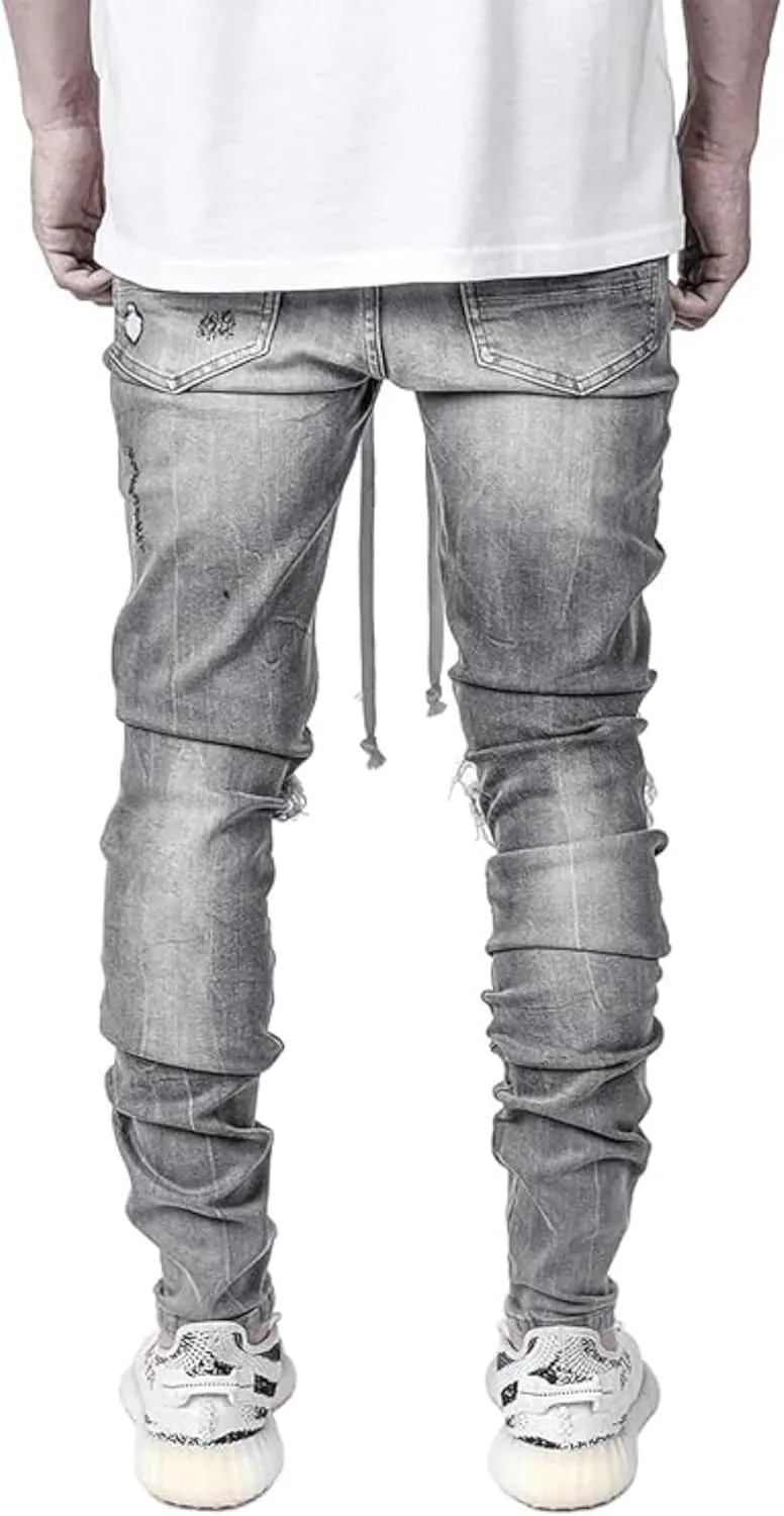 Maiyifu-GJ Men's Distressed Moto Biker Jeans Ripped Punk Gothic Zipper Denim Pants Hip hop Tapered Leg Slim Fit Jean