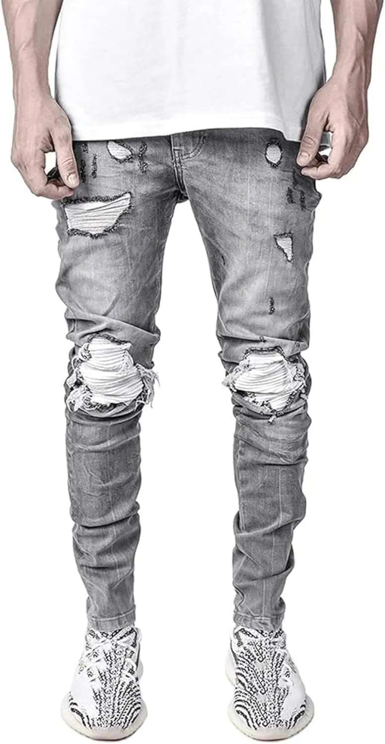 Maiyifu-GJ Men's Distressed Moto Biker Jeans Ripped Punk Gothic Zipper Denim Pants Hip hop Tapered Leg Slim Fit Jean