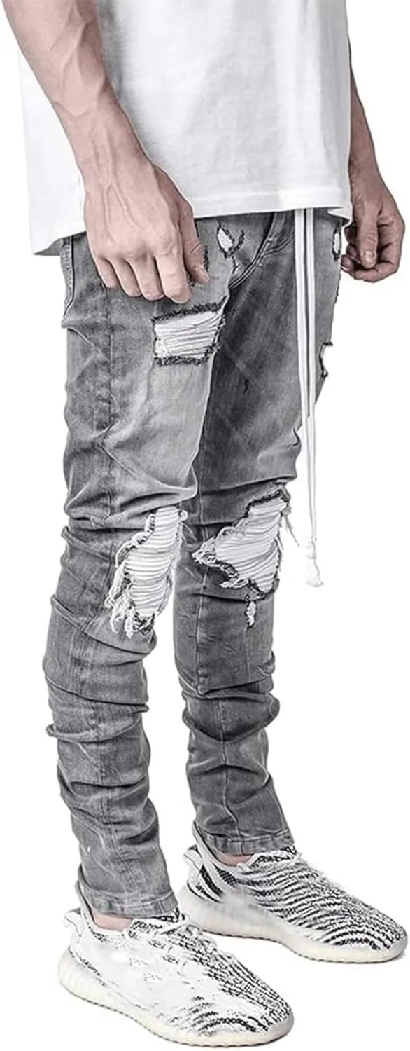 Maiyifu-GJ Men's Distressed Moto Biker Jeans Ripped Punk Gothic Zipper Denim Pants Hip hop Tapered Leg Slim Fit Jean