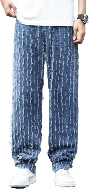 Men's Colorblock Frayed Hem Wide Leg Loose Casual Jeans Y2K Vintage Baggy Patchwork Trouser