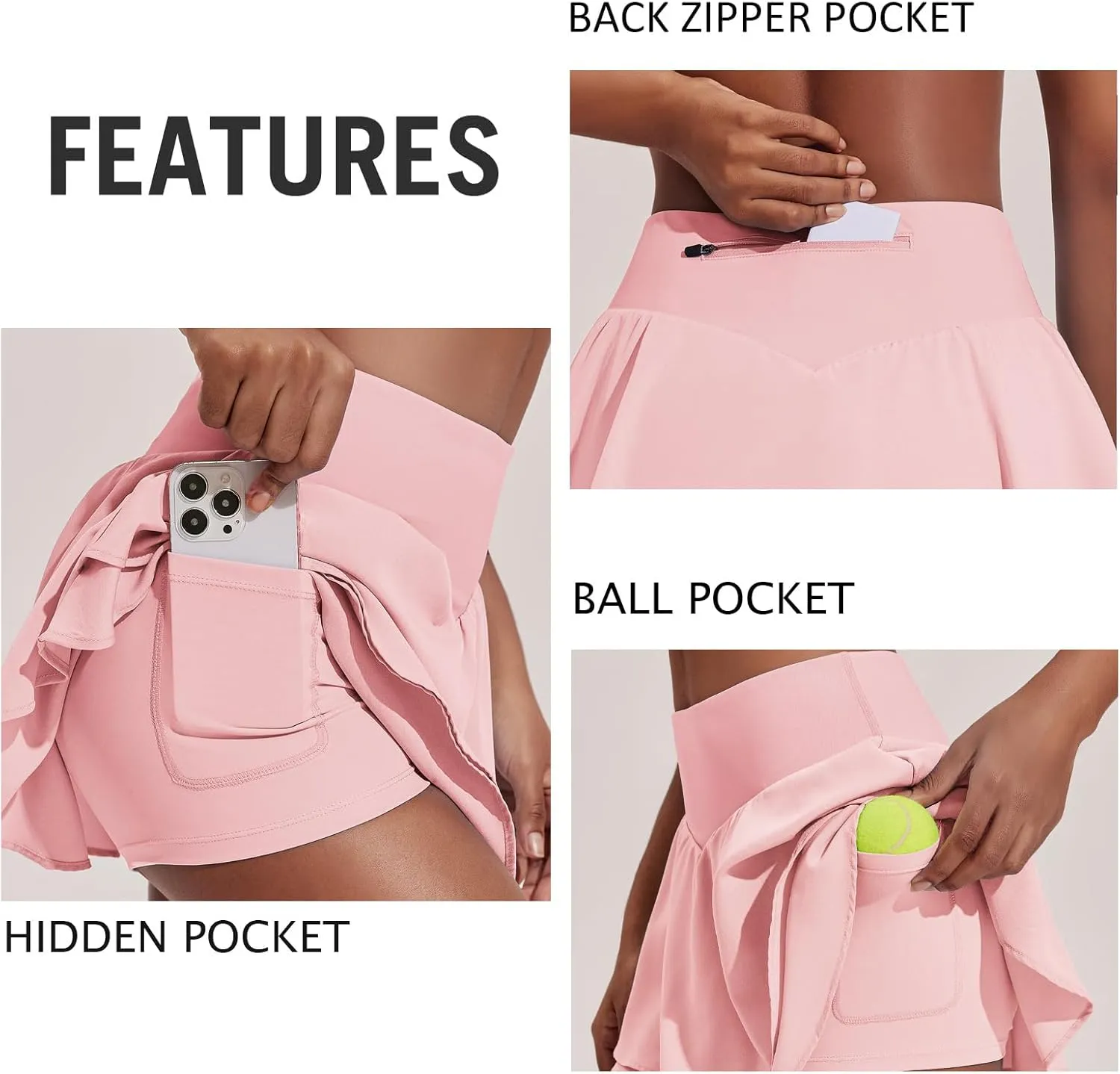 PINSPARK Womens Pleated Tennis Skirt Double Ruffle Golf Skort Tummy Control Athletic Skirts with 3 Pockets Workout Pickleball