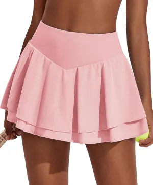 PINSPARK Womens Pleated Tennis Skirt Double Ruffle Golf Skort Tummy Control Athletic Skirts with 3 Pockets Workout Pickleball