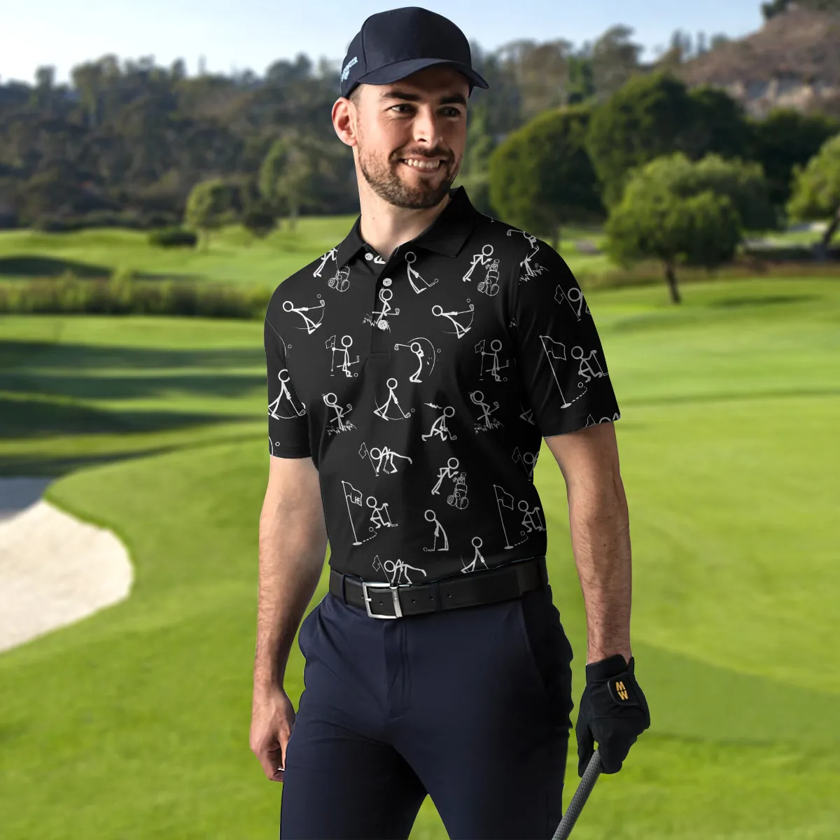 Stickfigures Playing Golf Short Sleeve Polo Shirt, Doodling Golfer Polo Shirt, Best Golf Shirt For Men Coolspod