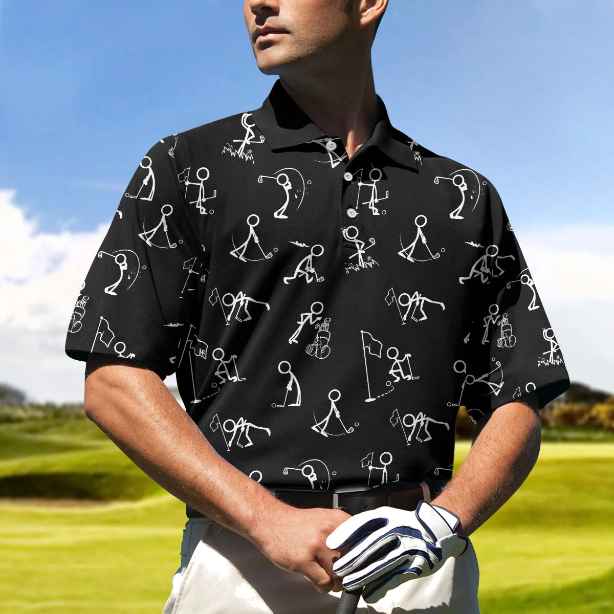 Stickfigures Playing Golf Short Sleeve Polo Shirt, Doodling Golfer Polo Shirt, Best Golf Shirt For Men Coolspod