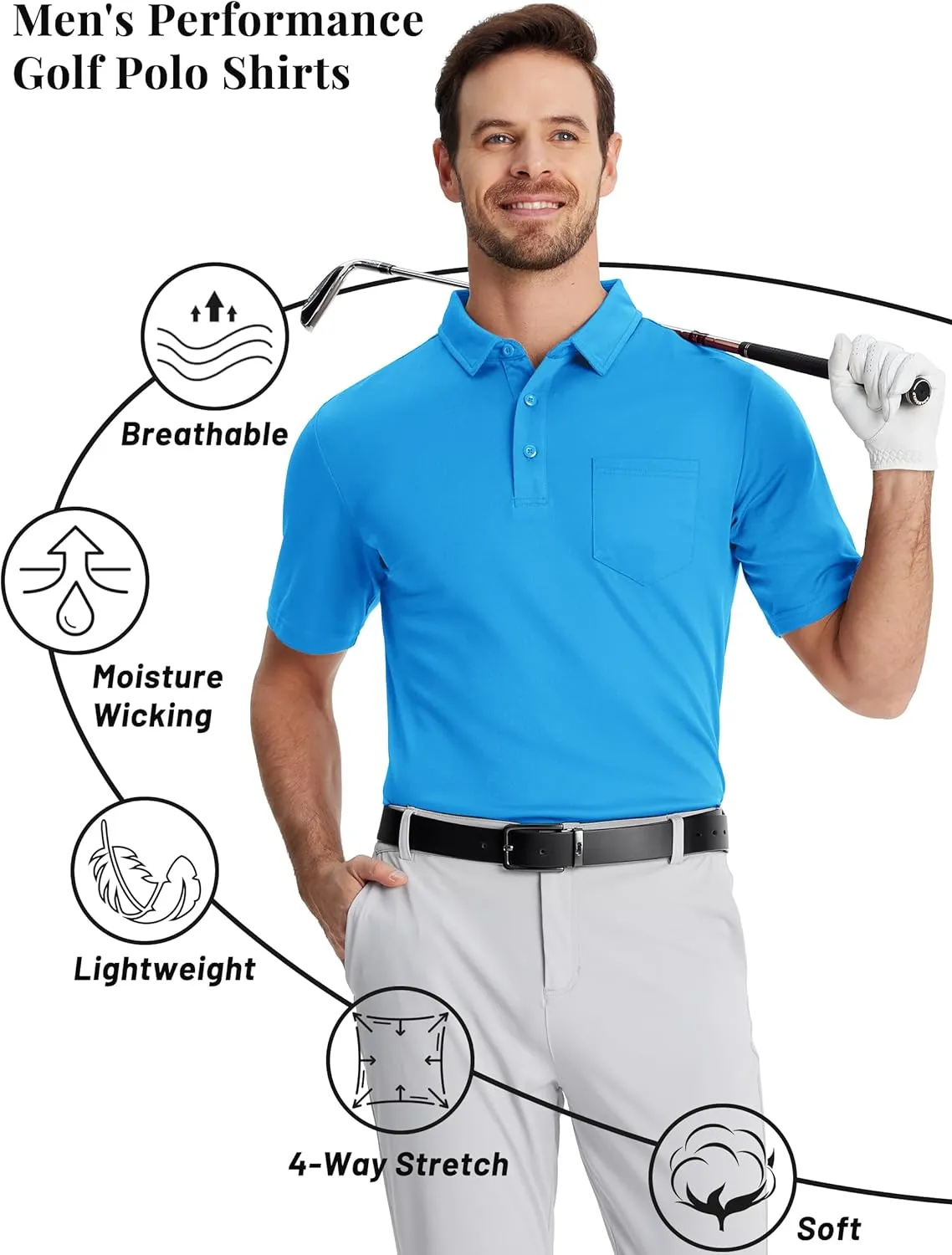 TACVASEN Mens Polo Shirt Short Sleeve Golf Shirt with Pocket Quick Dry Collared Lightweight Polo for Men Casual Work