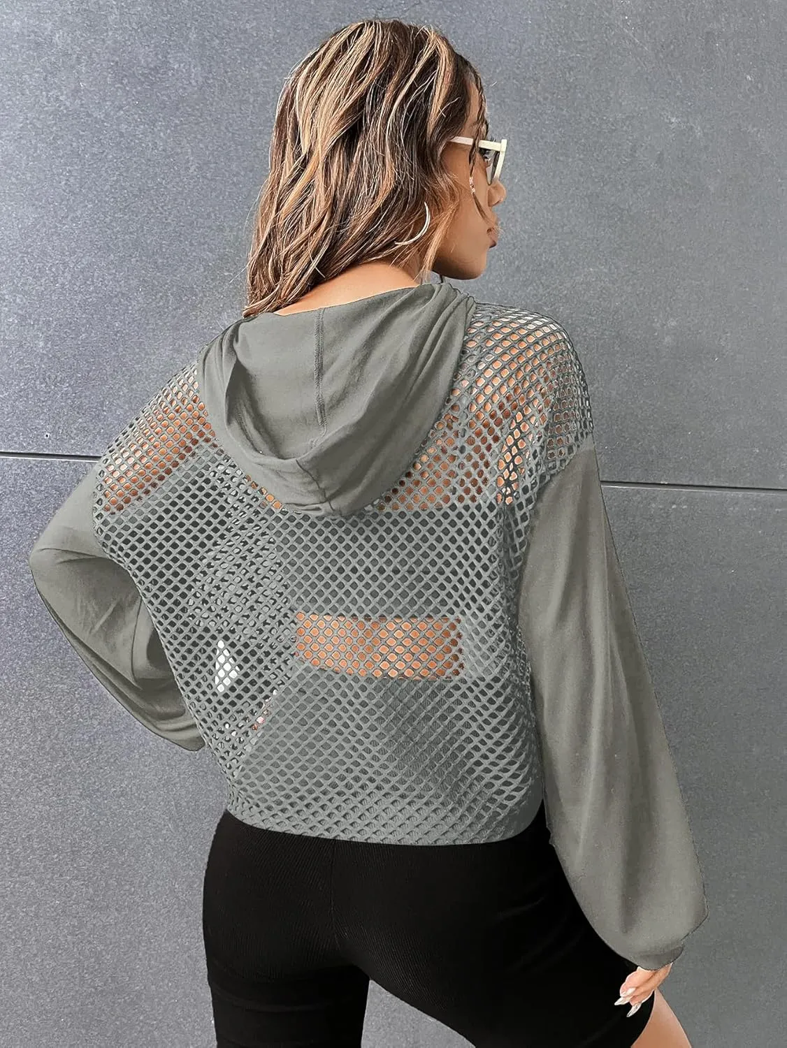 Verdusa Women's Sexy See Through Fishnet Long Sleeve Drawstring Hoodie Top Sweatshirt