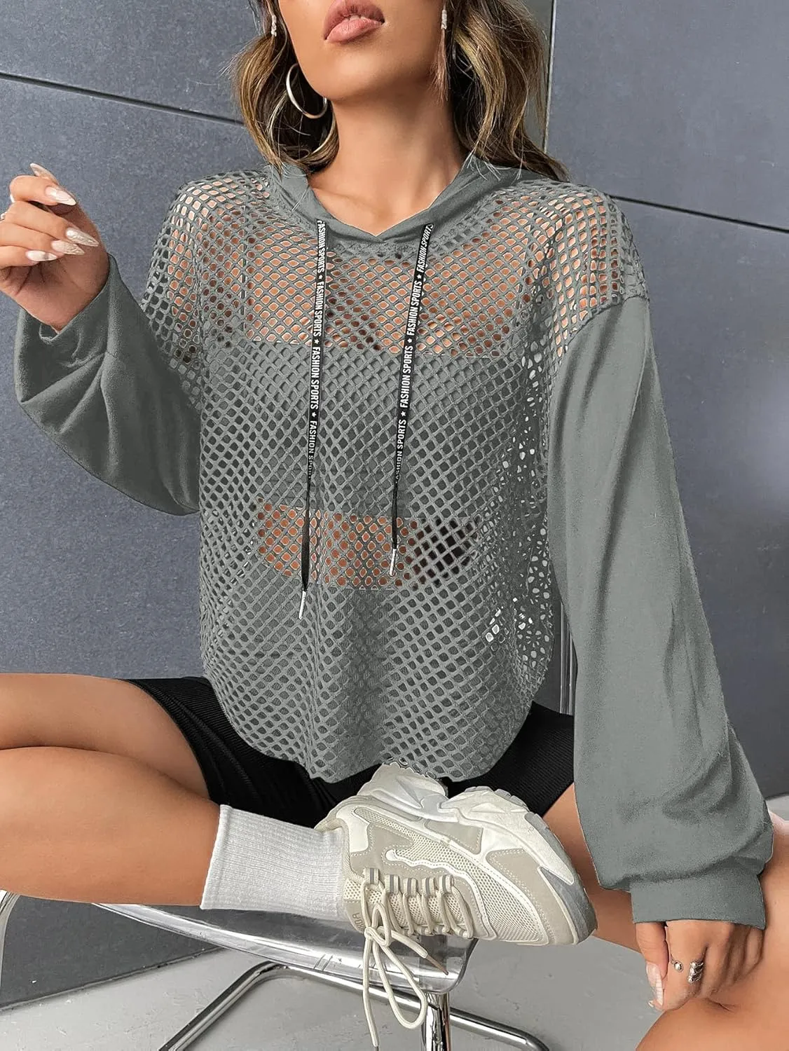 Verdusa Women's Sexy See Through Fishnet Long Sleeve Drawstring Hoodie Top Sweatshirt