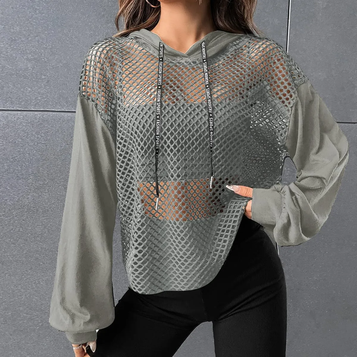Verdusa Women's Sexy See Through Fishnet Long Sleeve Drawstring Hoodie Top Sweatshirt