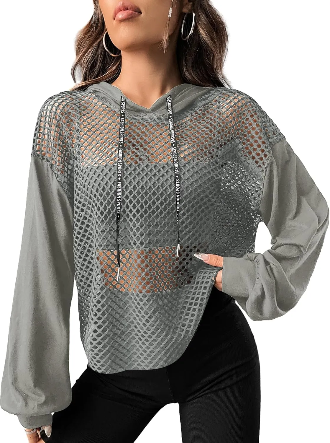 Verdusa Women's Sexy See Through Fishnet Long Sleeve Drawstring Hoodie Top Sweatshirt