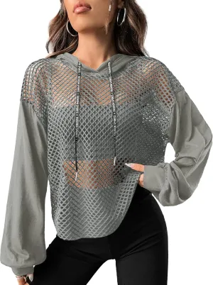 Verdusa Women's Sexy See Through Fishnet Long Sleeve Drawstring Hoodie Top Sweatshirt