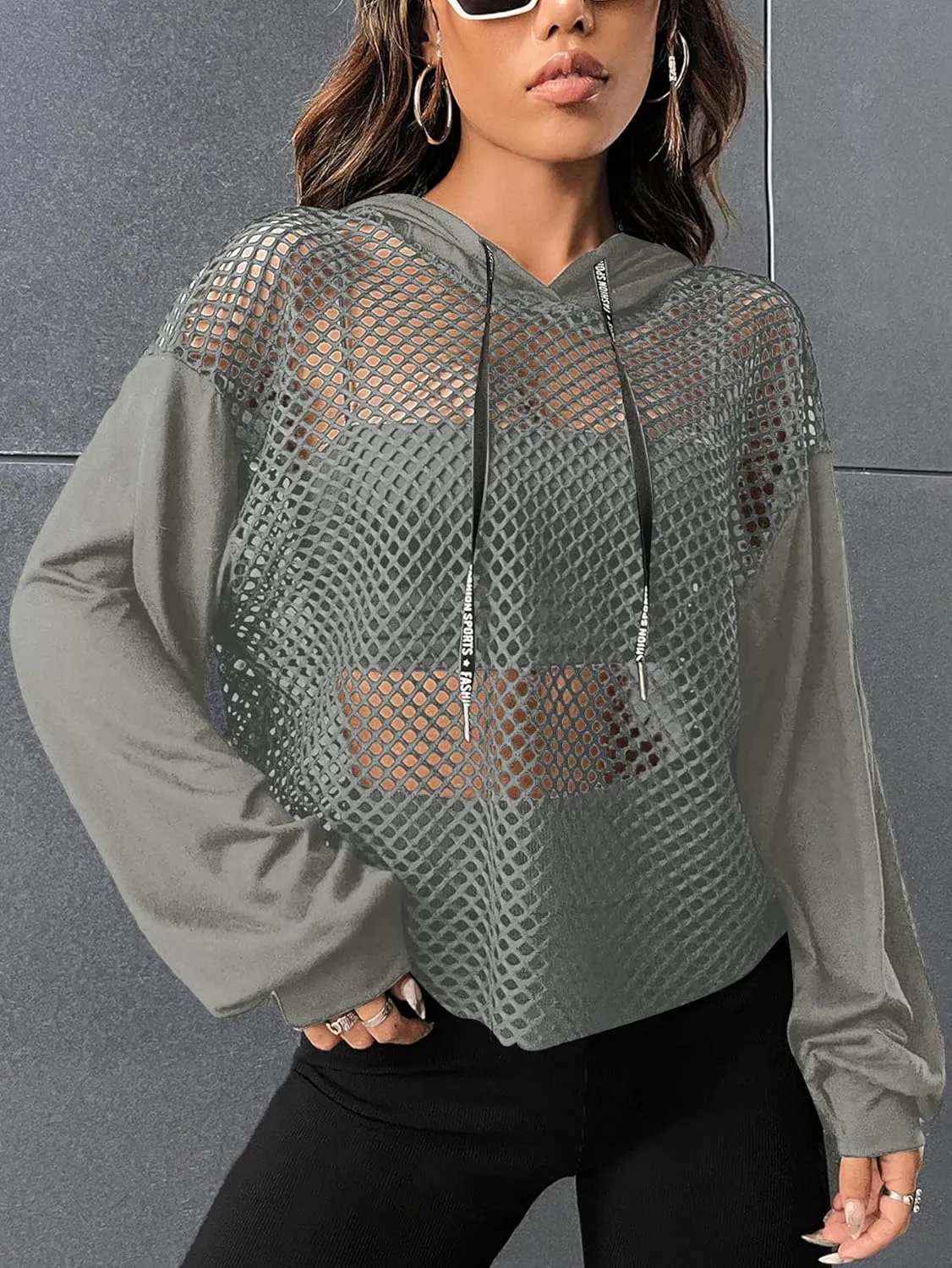 Verdusa Women's Sexy See Through Fishnet Long Sleeve Drawstring Hoodie Top Sweatshirt