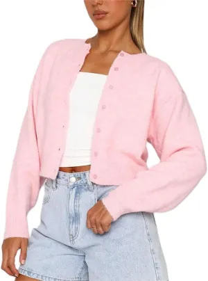 Women Y2k Crop Cardigan Sweater Crop Button Down Cardigan Cute Long Sleeve Sweater Open Front Lightweight Knit Tops