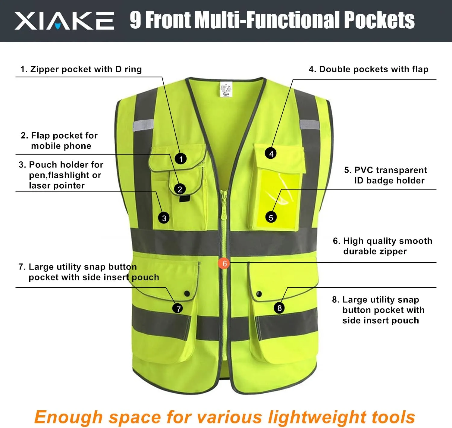 XIAKE 9 Pockets Class 2 High Visibility Reflective Safety Vest for Men Women Work Construction Vest