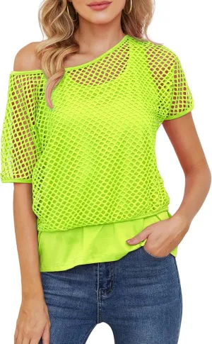 Yimoon Women's Casual 80s 90s Costumes Sexy Fishnet Neon Off Shoulder Tops Short Sleeve Oversized Party T-Shirt