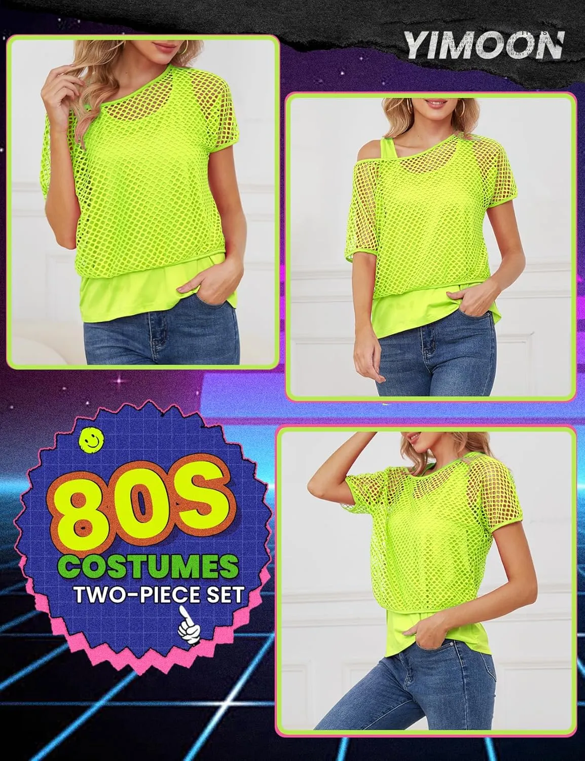 Yimoon Women's Casual 80s 90s Costumes Sexy Fishnet Neon Off Shoulder Tops Short Sleeve Oversized Party T-Shirt