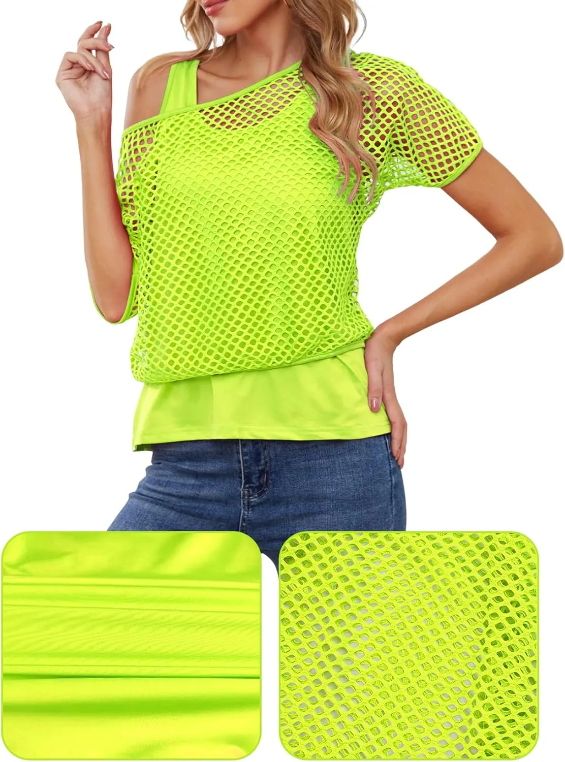 Yimoon Women's Casual 80s 90s Costumes Sexy Fishnet Neon Off Shoulder Tops Short Sleeve Oversized Party T-Shirt
