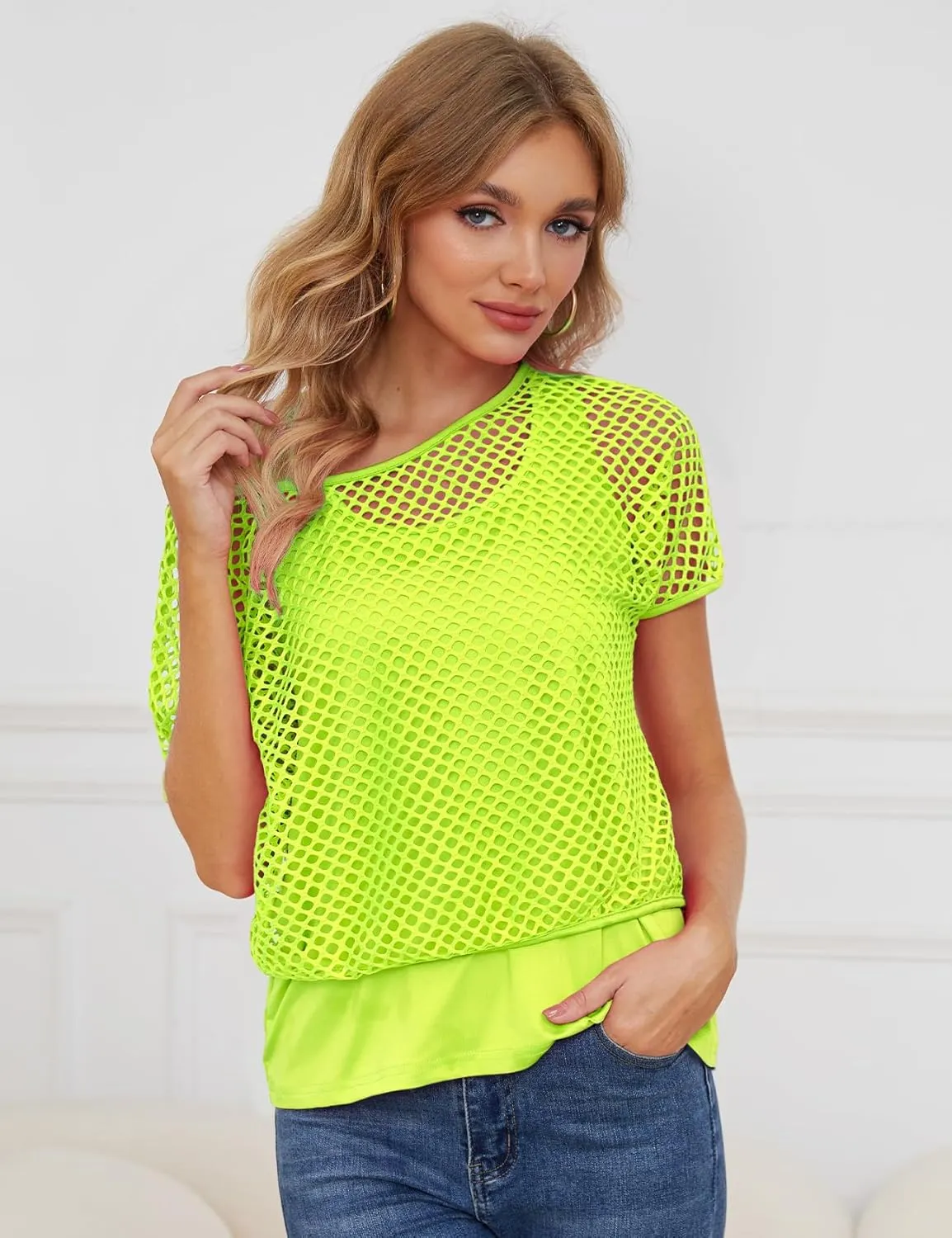 Yimoon Women's Casual 80s 90s Costumes Sexy Fishnet Neon Off Shoulder Tops Short Sleeve Oversized Party T-Shirt